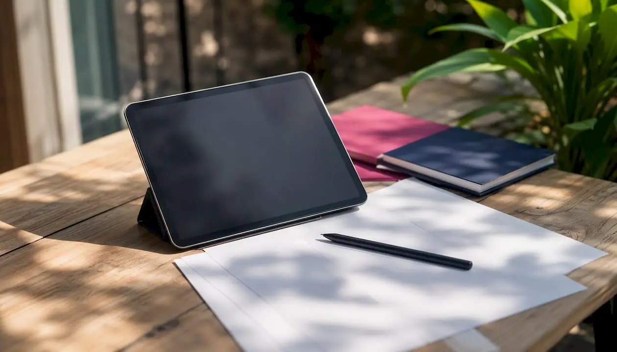 Espaço de trabalho com tablet e caderno de esboços para design de experiência do utilizador