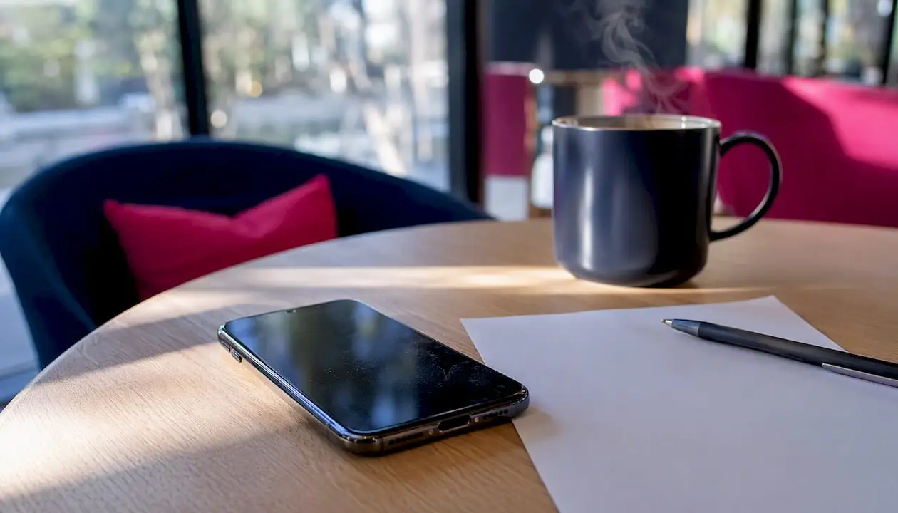 1786282075238_Desk-with-smartphone-and-coffee-cup-for-TikTok-planning Secretária com telemóvel e uma chávena de café, perfeita para organizar conteúdos para o TikTok.