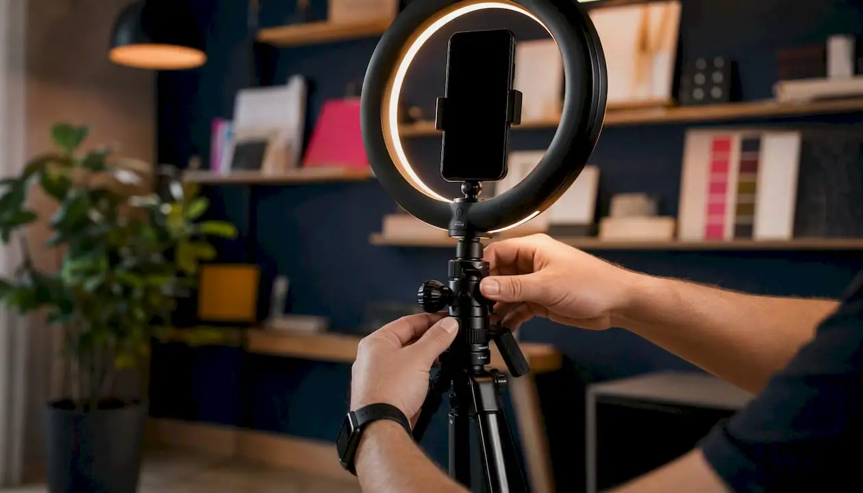 Mãos a ajustar a iluminação para gravar um vídeo para o TikTok