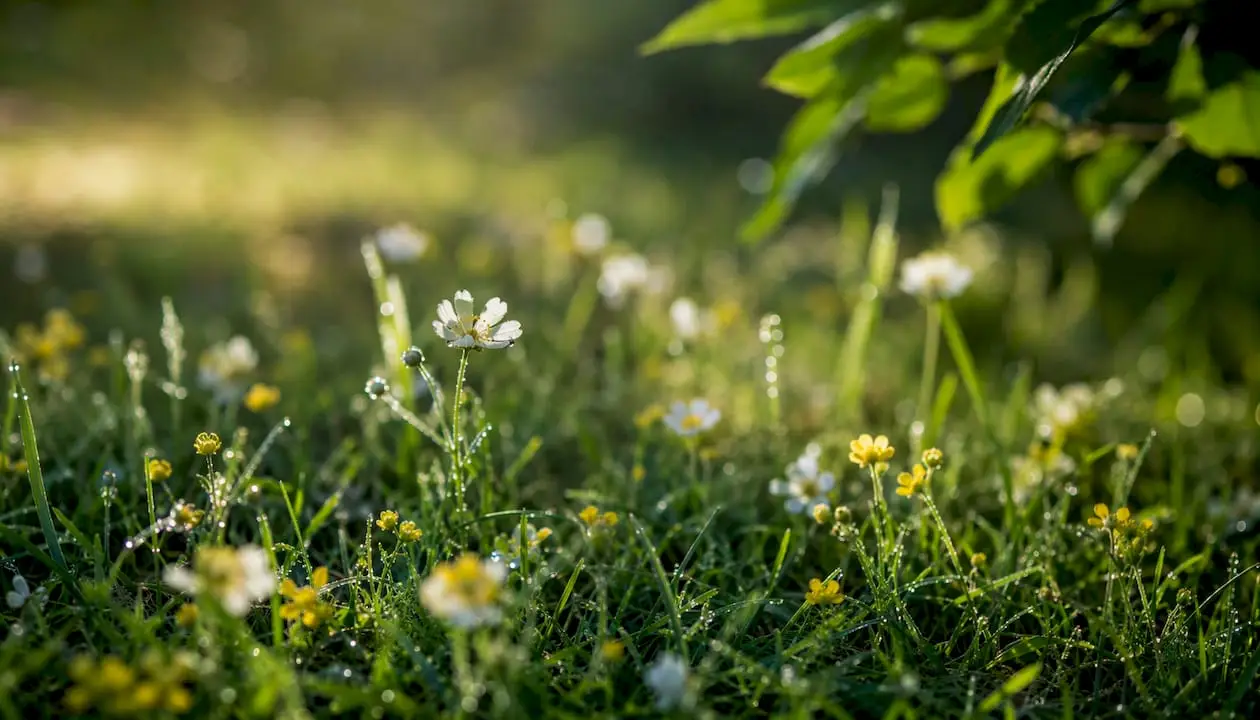 Flores silvestres em destaque, banhadas pela luz suave da manhã e rodeadas de verde.