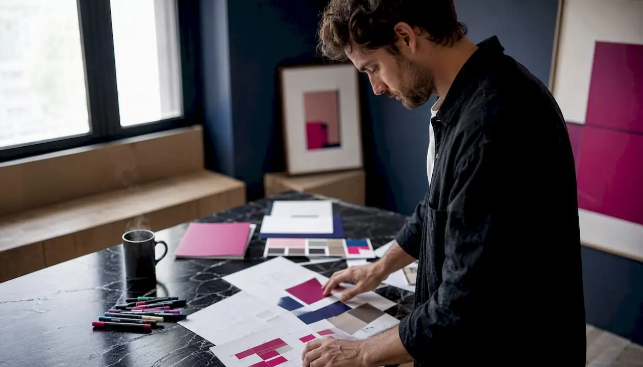 Mãos a organizar materiais para uma campanha publicitária