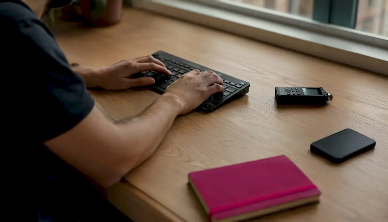 Mãos a redigir o rascunho de um comunicado de imprensa no teclado