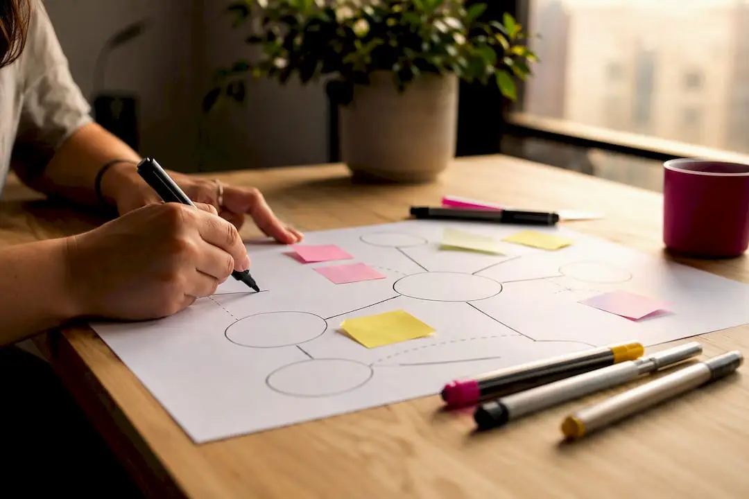 Mãos a desenhar um esquema de posicionamento de marca