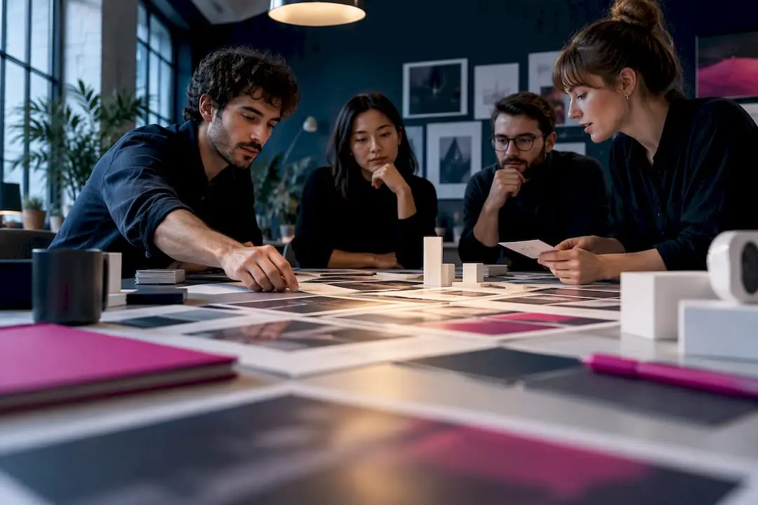 Equipa multidisciplinar a analisar conceitos publicitários
